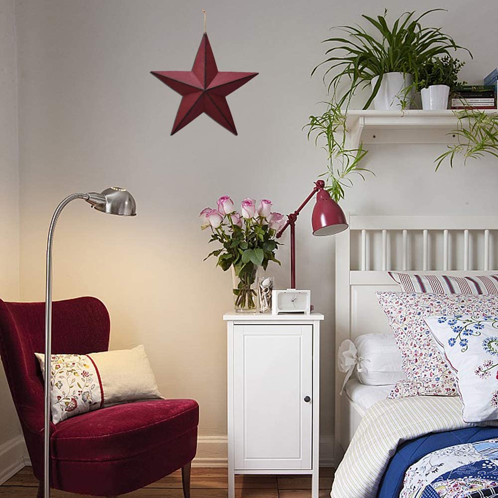 Morning View Red Barn Star Metal Wall Decor Texas Stars Outdoor Hanging Patriotic Star Ornaments Rustic 3D Wall Art 4th of July Memorial Day Decorations Outside 12 Inches (Burgundy)