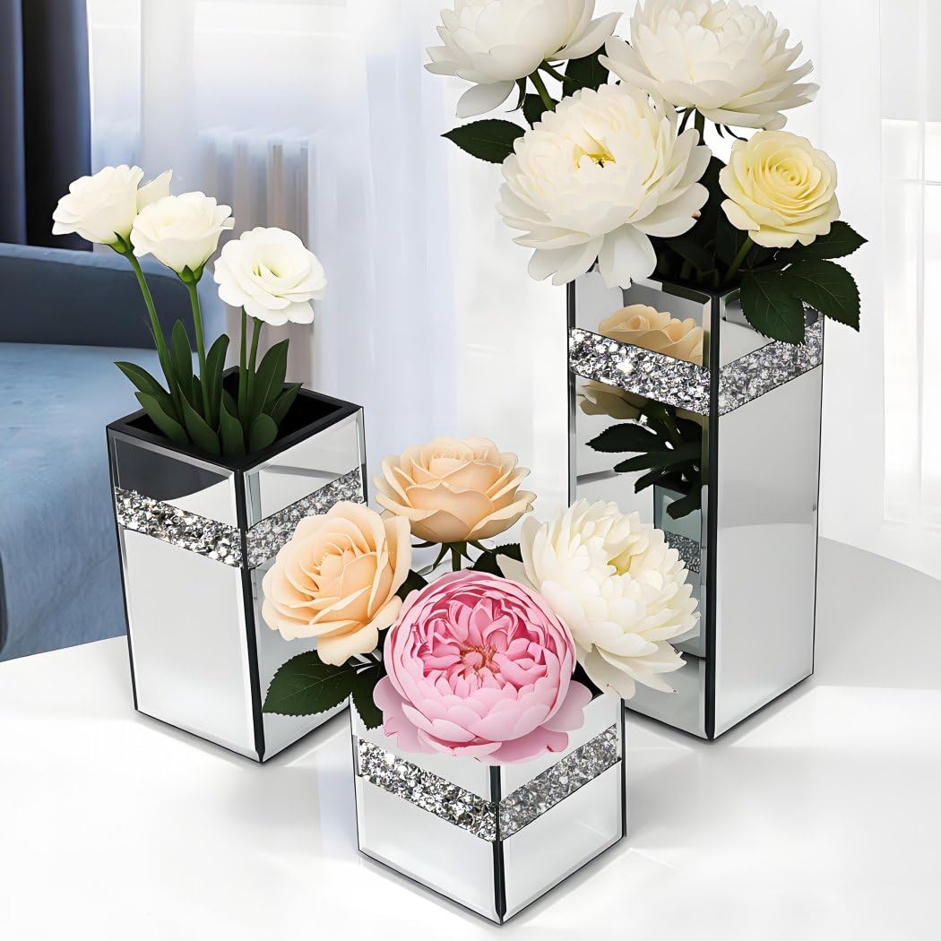 ALLARTONLY Crushed Diamond Mirrored Vase Pack of 3 Pieces Small Middle Large. Crystal Silver Mirror Glass Stunning Decorative Flower Vase Luxury for Home Decor. Can’t Hold Water.