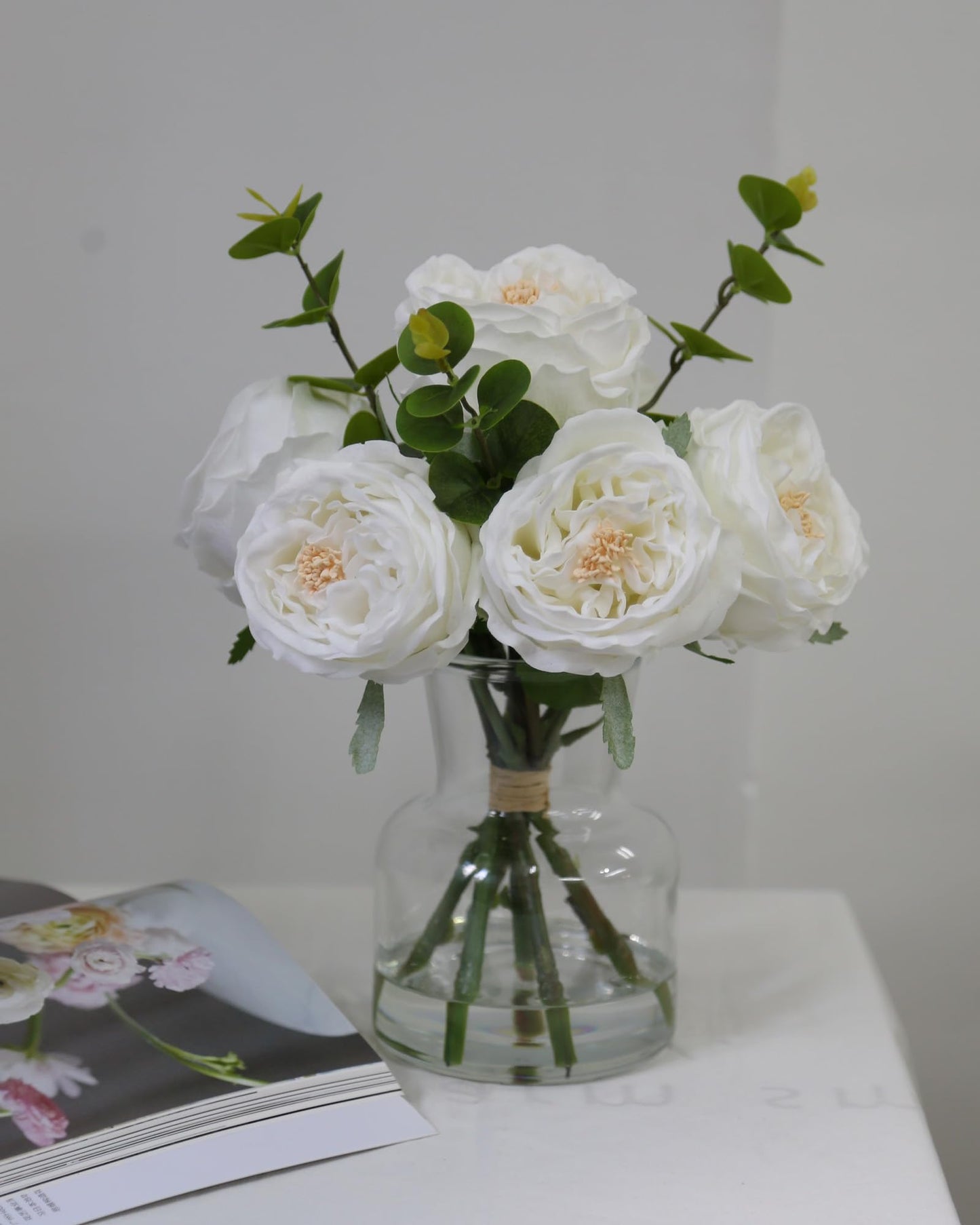 Bucoke Artificial Flowers in vase, Vivid Faux Rose Flowers Arrangements, Austin Rose Centerpieces for Tables, Flower Ornaments and Flower Arts for Living Room (White)