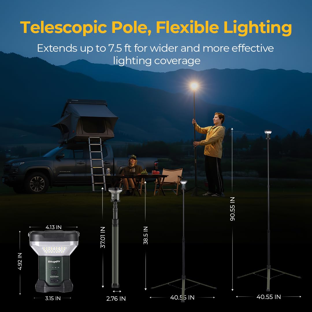 BougeRV Telescoping Camping Light, 3200 Lumen Outdoor Lantern, 8000mAh LED Lantern, 7.55 ft Tall, 90-Hour Runtime, Rechargeable Tent Lamp for Camping, Emergency, Hiking, Outdoor, Fast Charging Version