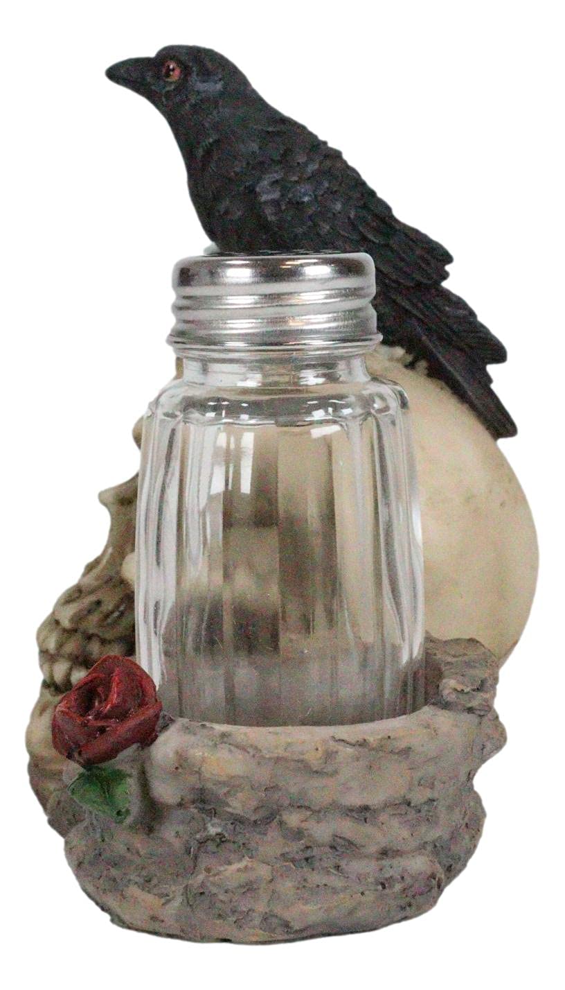 Ebros Day Of The Dead Raven Crow With Rose Skull Salt And Pepper Shakers Holder Figurine Set 6.25"L Halloween Graveyard Spooky Macabre Skulls Skeletons