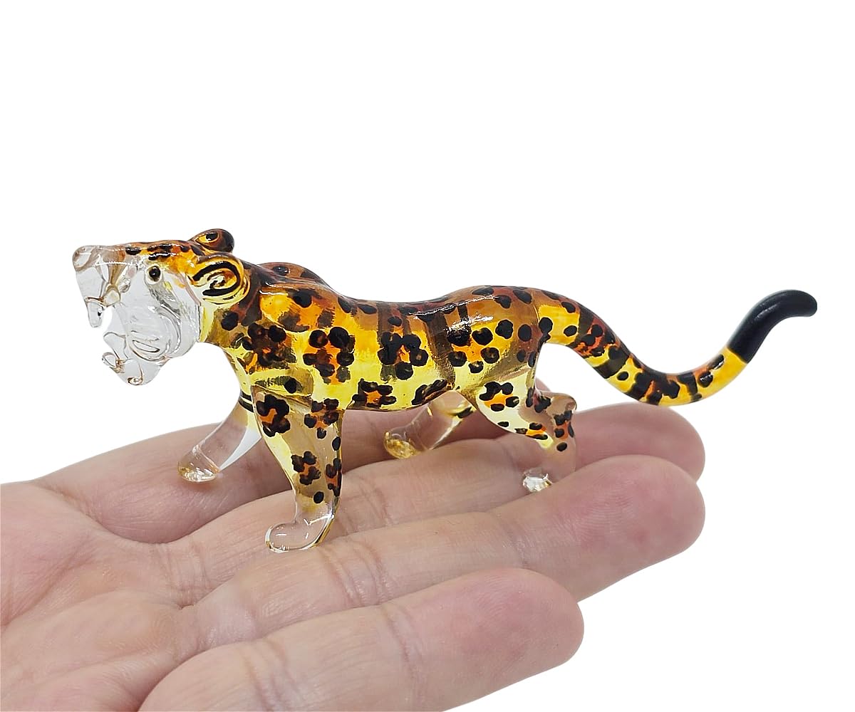 ChangThai Design Tiny 3½" Yellow Black Spotted Roaring Leopard Cheetah Jaguar Figurine - Miniature Hand Blown Glass Wild Cats Wildlife Felidae Animal Crystal Decorative Collectible Figures Décor Gifts
