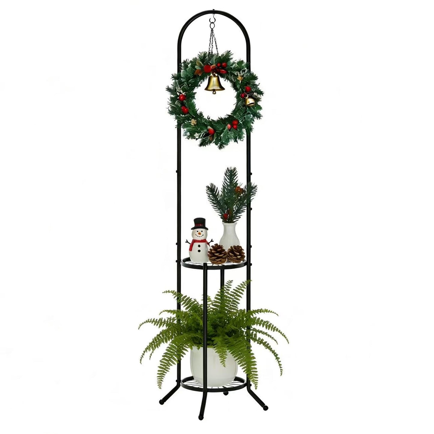 PULIJIAJU 2-tier Hanging Plant Stand Indoor and Outdoor, Space-Saving Iron Plant Shelf, 3 Potted Flower Pot Stand ,Planter Holder for Bedroom Balcony Living Room Patio Garden( n-style)
