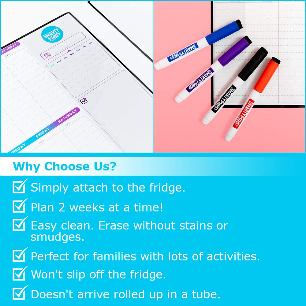 SmartyPlans Dry Erase Weekly Extra Thick Magnetic Calendar for Refrigerator: 17x13 Two Week Planner and 6x9 White Board, 4 Fine Tip Markers and Eraser with Magnets. Stain Resistant. Shipped Flat.