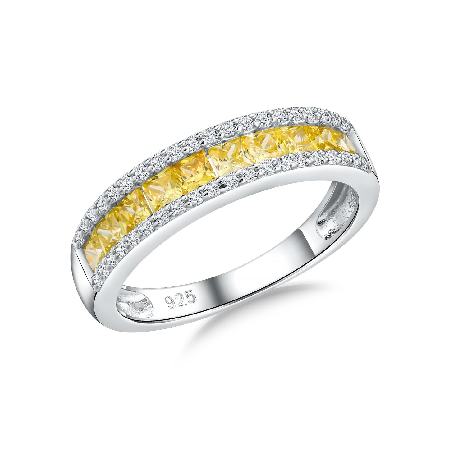 RANDES 925 Sterling Silver Citrine Ring Half Eternity Band Rings for Women Channel Set Princess Cut Yellow November Birthstone Ring Size 9