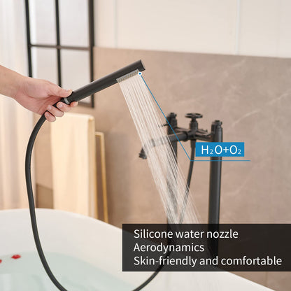 BWE Floor Mount Freestanding Bathtub Faucets Black Solid Brass Single Handle Modern Bathroom Tub Filler High Flow Rate with Handheld Shower Mixer Tap