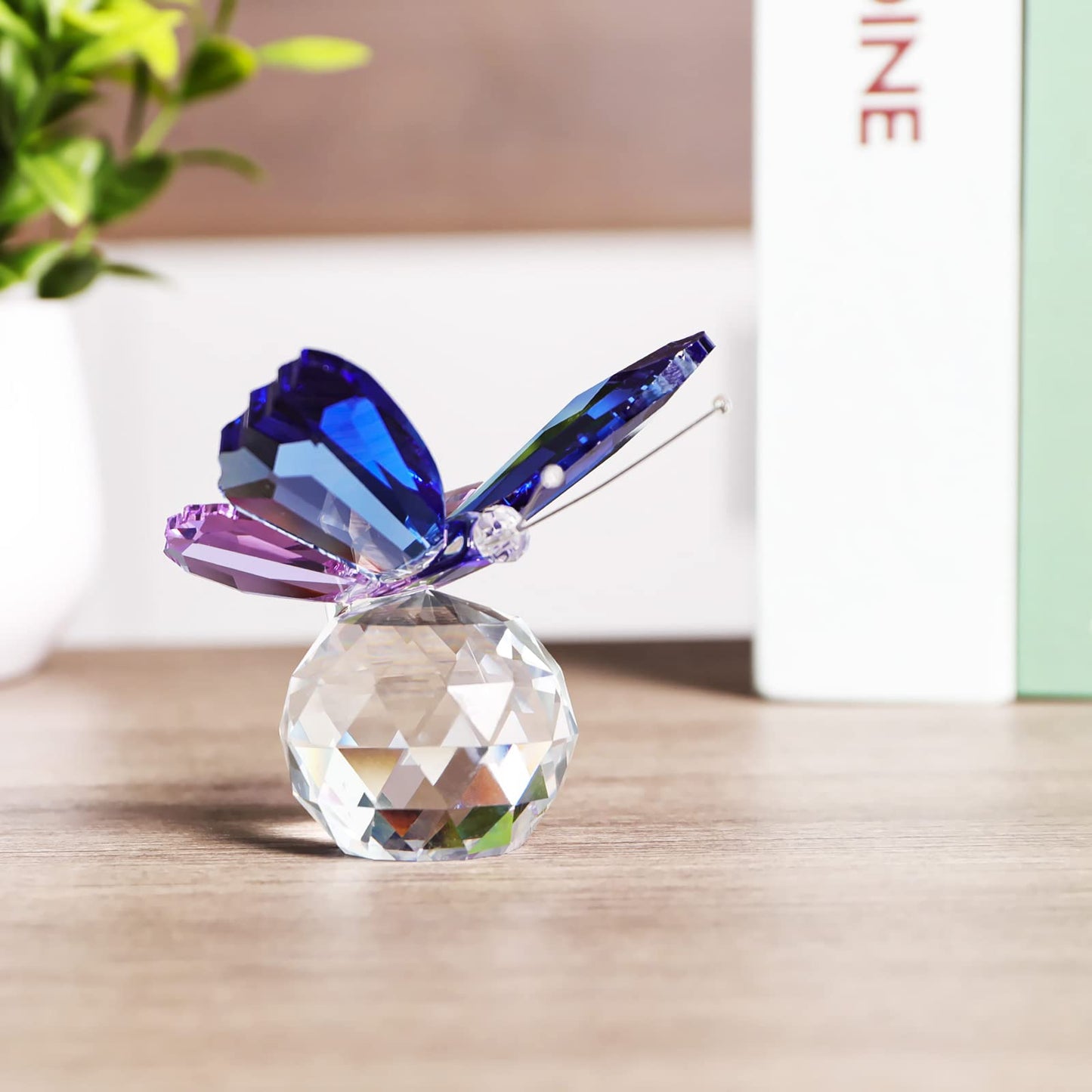 LONGSHENG - SINCE 2001 - Crystal Butterfly Figurine with Ball Base Glass Blue Purple Butterfly Crystal Collectible Paperweight Table Decor for Wedding Festival