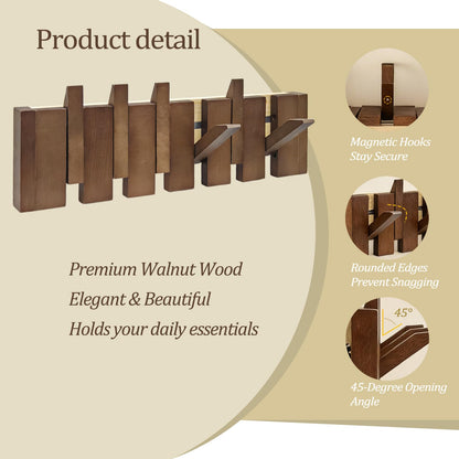 ZOESEEK 16.9" Wooden Piano Key Coat Rack Wall Mounted, Flip Down 6 Hooks Heavy Duty for Hanging Coats/Hats/Keys/Towels/Bags, Natural Walnut Entryway Hanger Art Hook