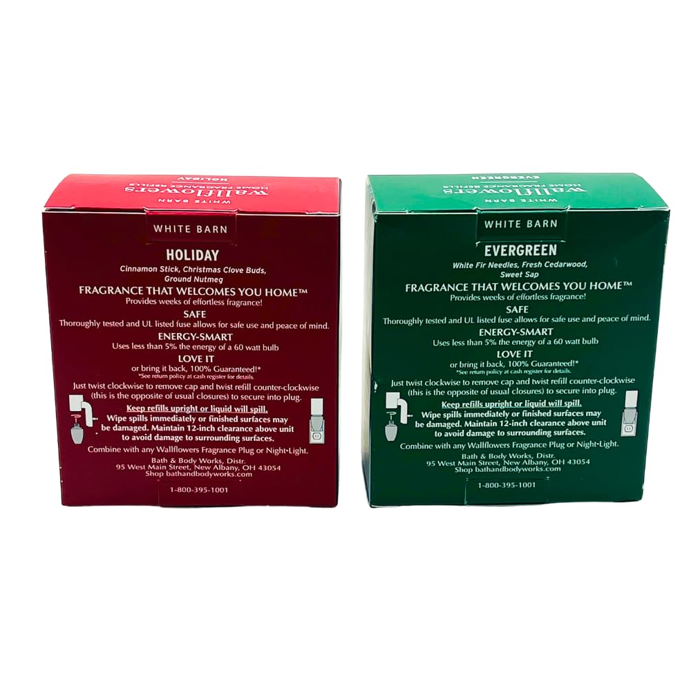 Bath & Body Works HOLIDAY & EVERGREEN Wallflowers Home Fragrance Refill 2pc Bundle Gift Set with 30-Inch Metallic Silver Ribbon Bow – Winter & Christmas Scents - 0.8 fl oz Each