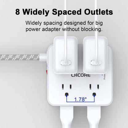 Surge Protector Power Strip - CHCORE 5Ft Braided Extension Cord with 8 Outlets with 4 USB (2 USB C) Charging Ports, Flat Plug Multi Plug Outlet Extender Charging Station for Home Office, ETL, White