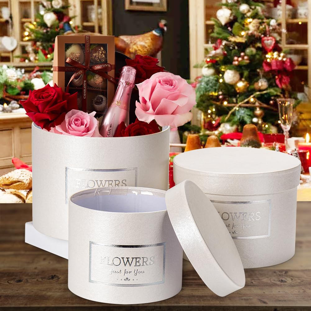 GnFlus White Gift Box Round Gift Boxes with Lids Set of 3 Nesting Gift Boxes for Presents Assorted Sizes Flower Boxes for Arrangements Birthday Wedding Bridesmaid Graduation Christmas Party Gift Bags