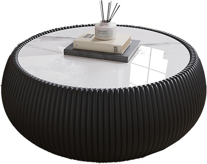 27.55" Round Marble Coffee Table, Modern Fluted Coffee Table