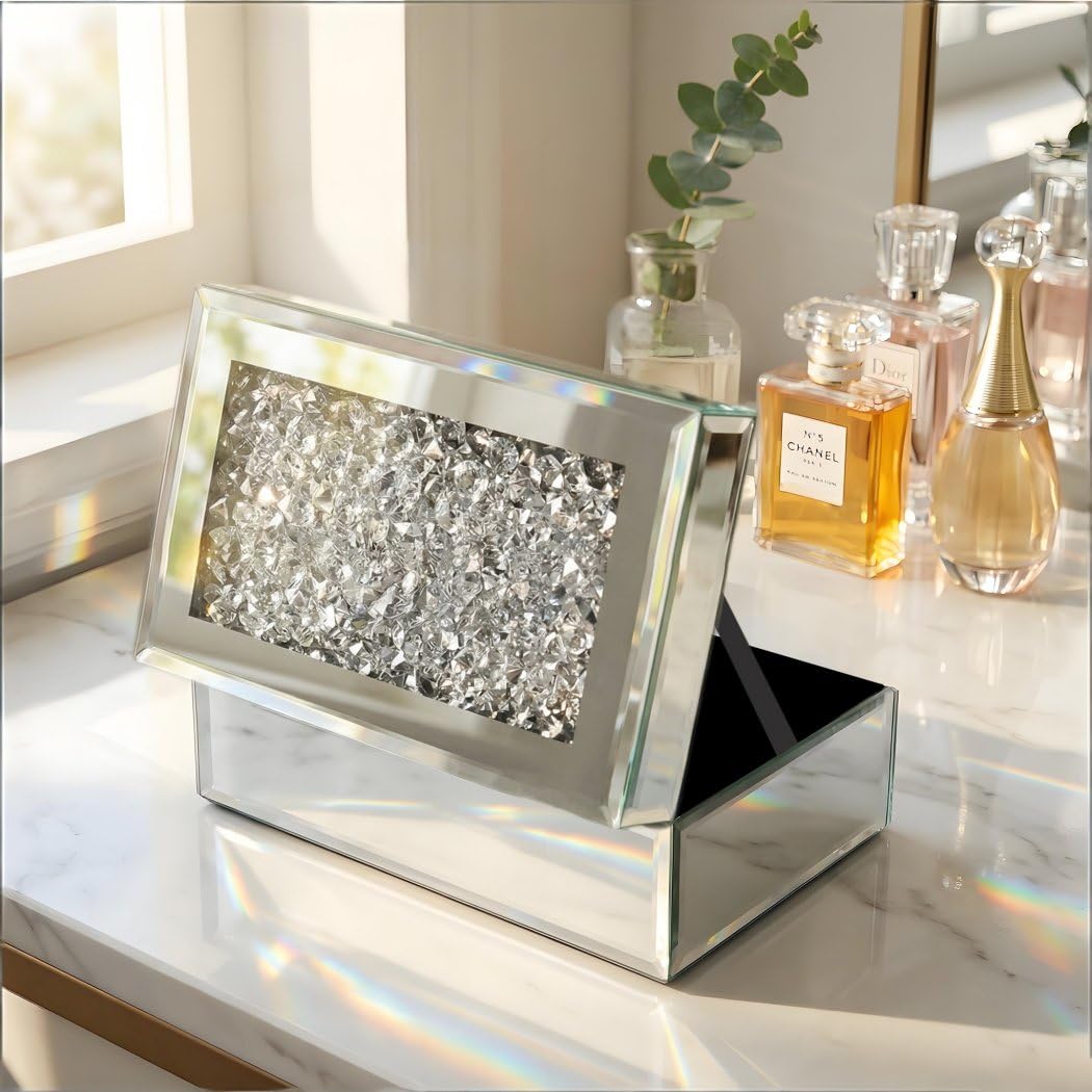 Luxury Silver Crushed Diamond Glass Mirrored Jewelry Organizer Box Storage