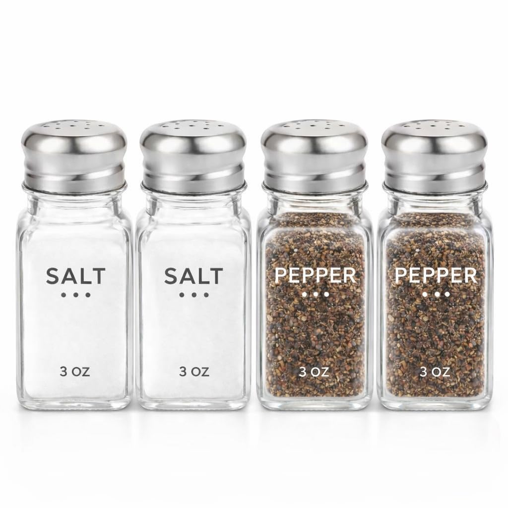 HESSION Salt Shaker and Pepper Shaker Set of 4, Refillable Glass Spice Shakers with Holes and Lids, Stainless Steel Spice Dispenser, Modern Kitchen Decor Seasoning Containers for Dining Table (3oz)