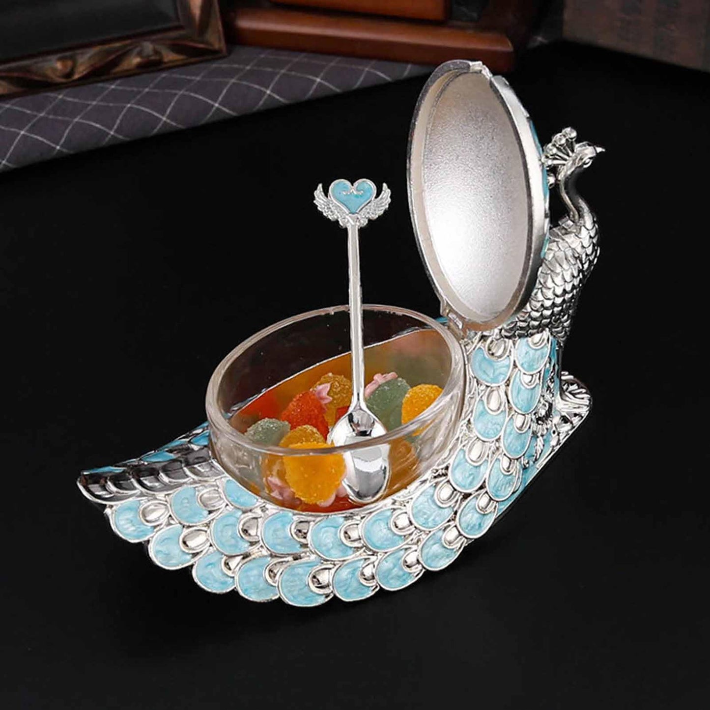 NOENNULL Sugar Bowl with Lid and Spoon Peacock Shaped Vintage Exquisite Embossed Sugar Container for Home Kitchen Coffee Bar Accessories