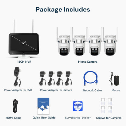 yeewise Triple Lens Wireless Security Camera System with 12" Monitor, 180° Wide View + 360° PTZ AI Tracking, WiFi 6, 16CH NVR, 24/7 Recording, 500GB HDD, No Monthly Fee, Plug-in Power