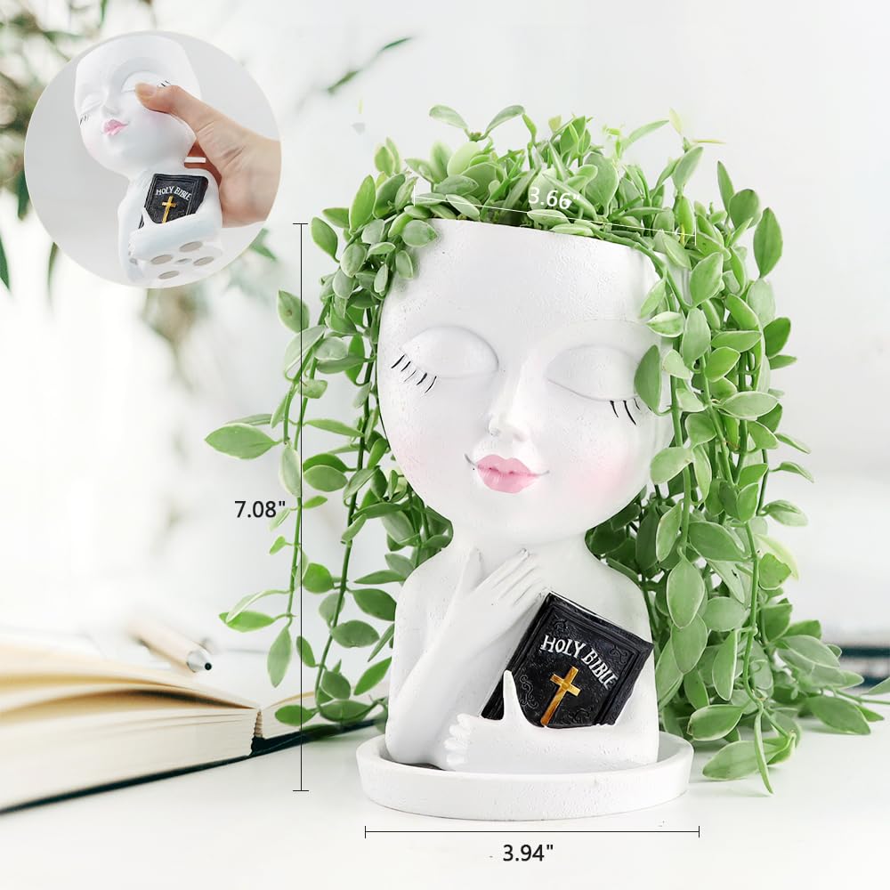 Meltset M Face Planters Pots Head for Indoor Outdoor Plant Unique Head Planter Holding Book Confessional Girl Face Flower Pot with Drainage for Succulent Cactus String Of Pearls Plant Gift Idea(White)
