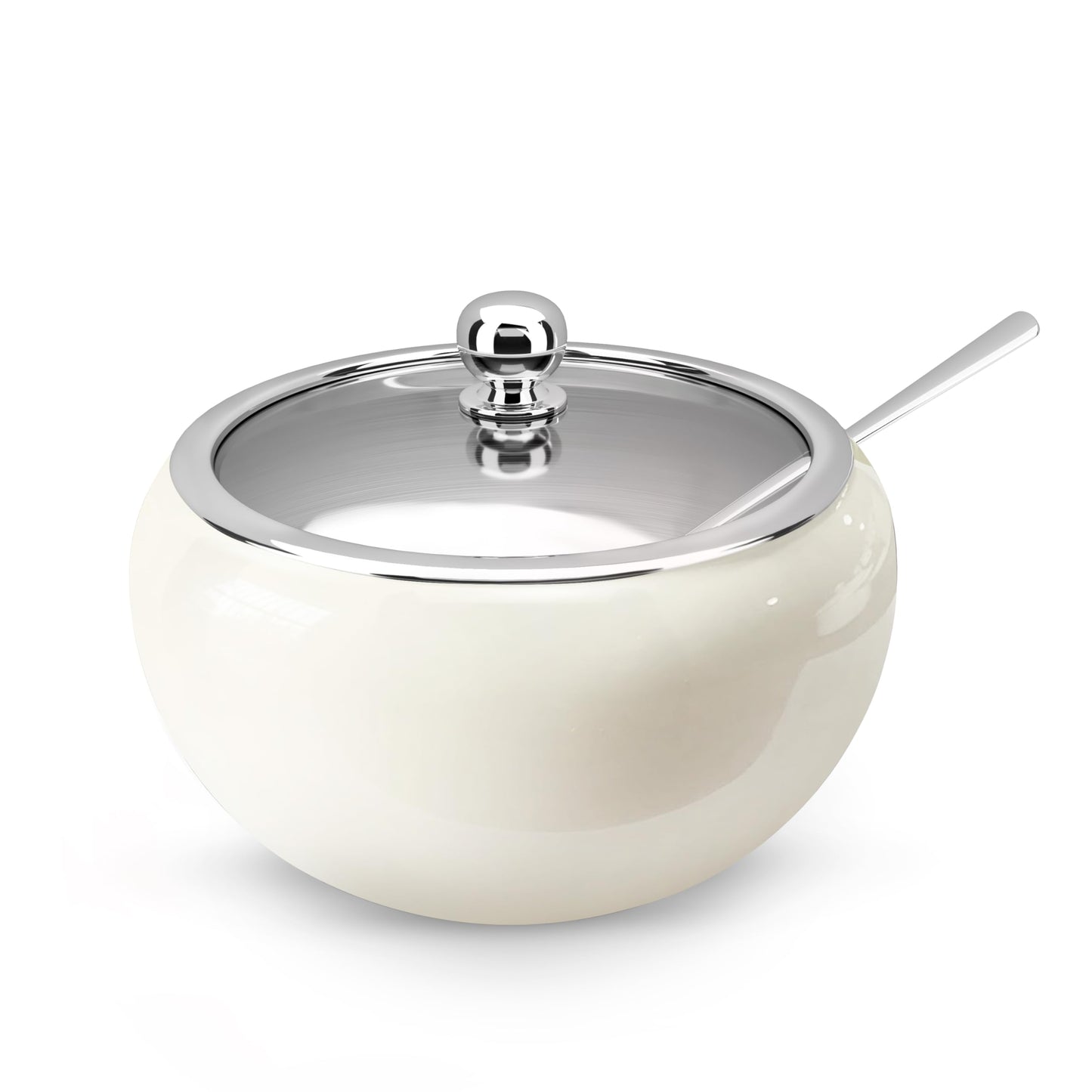 KooK Stainless Steel Sugar Bowl with Lid and Spoon, Serving Dish, Clear Glass Lid, Storage for Salt, Candy, Coffee, Holds 2 Cups, Dishwasher Safe, 16 oz Vintage White Glossy