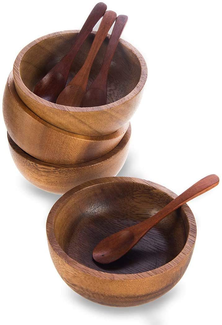 BestySuperStore Set of 4 Small Round Acacia Wooden Bowls 2¾ Inch Diameter 1½" High With Spoons - Stackable Mixing Bowl Salad Soup Snack Dip Sauce Charcuterie Wood Tableware Sets for Decor and Serving