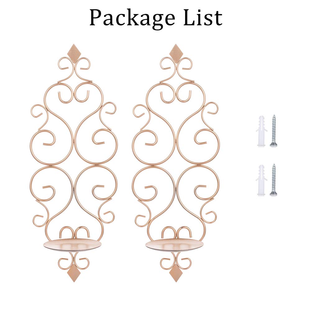 Sziqiqi Iron Wall Candle Sconce Candle Holder Set of 2 Wall Mounted Candle Sconces Holder, for Bedroom Dining Room Decor, Rose Gold