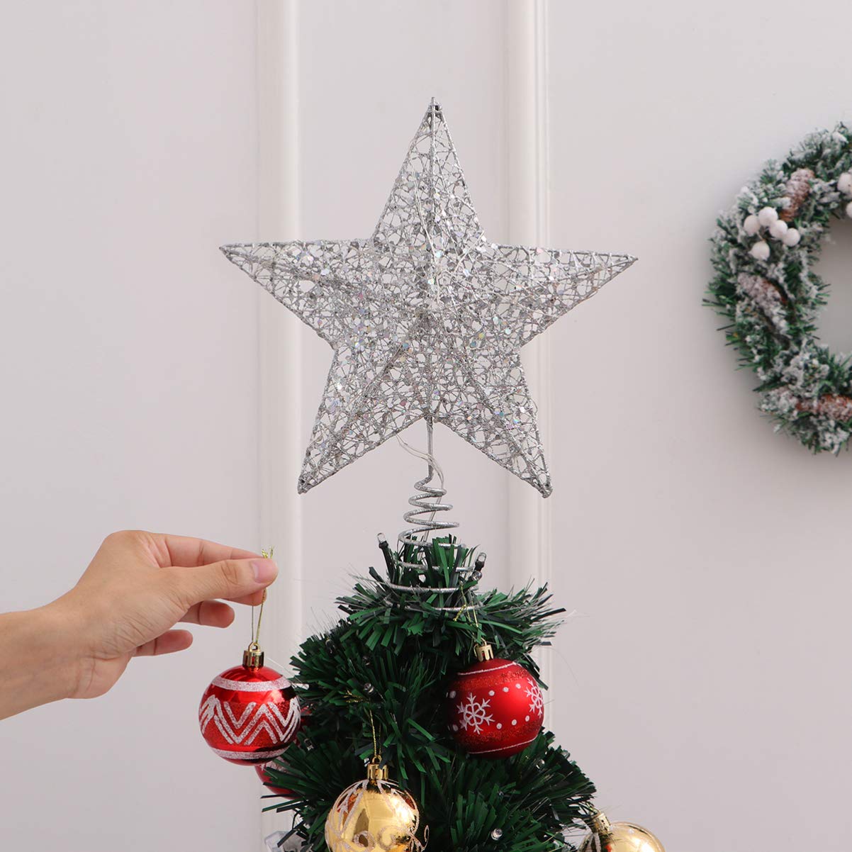Christmas Tree Star Topper Lights,Xmas Tree Glittered Tree-top with Led Party Home Decor,Silver (Silver 1)