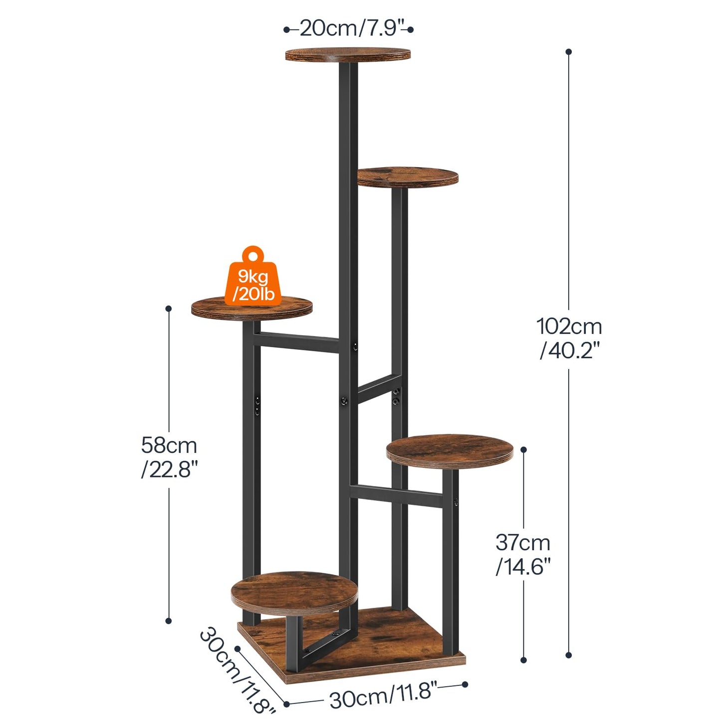 HOOBRO 5-Tier Corner Plant Stand Indoor, Round Vertical Plant Shelf for Small Spaces, Space Saving Flower Rack for Living Room, Balcony & Patio, Rustic Brown and Black BF05HJ01