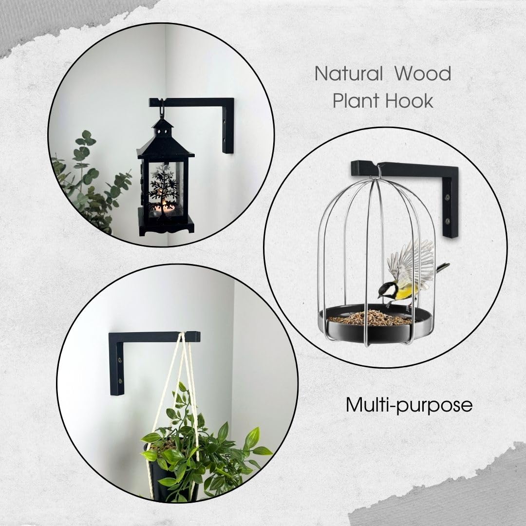EvenWood 2-Piece Set of Plant Hooks for Wall 6 Inch - L-Shaped Mounted Wooden Plant Hook - Indoor and Outdoor Bracket Plant Hanger for Planters, Lanterns, Bird Feeders and Plant Basket (Black)