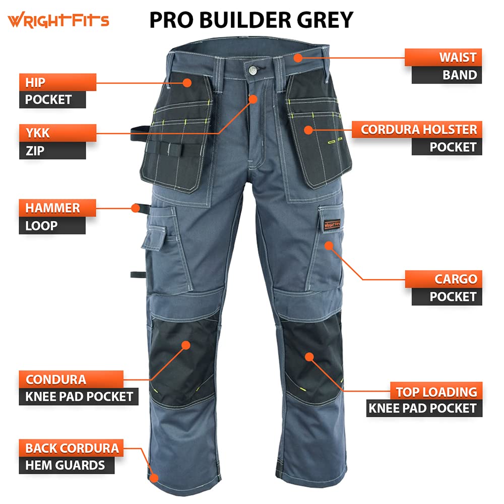 WrightFits Men Pro Builder Work Trousers Grey - Heavy Duty Safety Combat Cargo Pants - Multi Pockets - Knee Pad Pockets - Triple Stitched - Durable Workwear (30W to 42W) (32W X 31L)