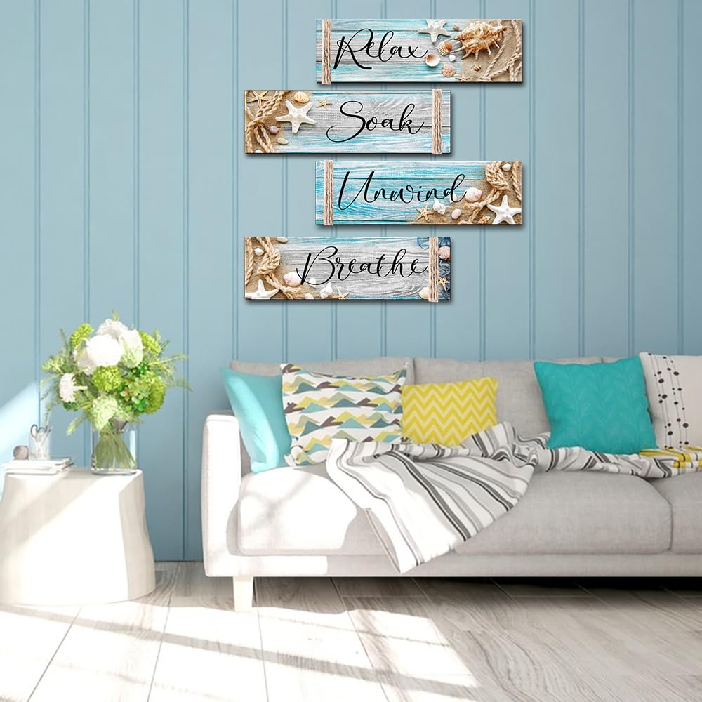 POILKMNI 4 PCS Ocean Beach Wood Relax Soak Unwind Breathe Art Sign Hanging Wooden for Decor Living Room Laundry Spa Washroom
