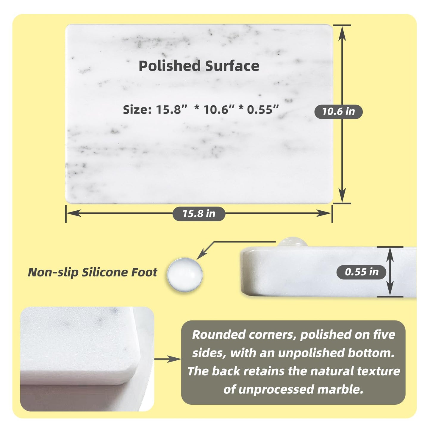 Yew & Tulip 16"x10" White Marble Board with Non-Slip Rubber Feet - Dough Pastry and Cutting Board