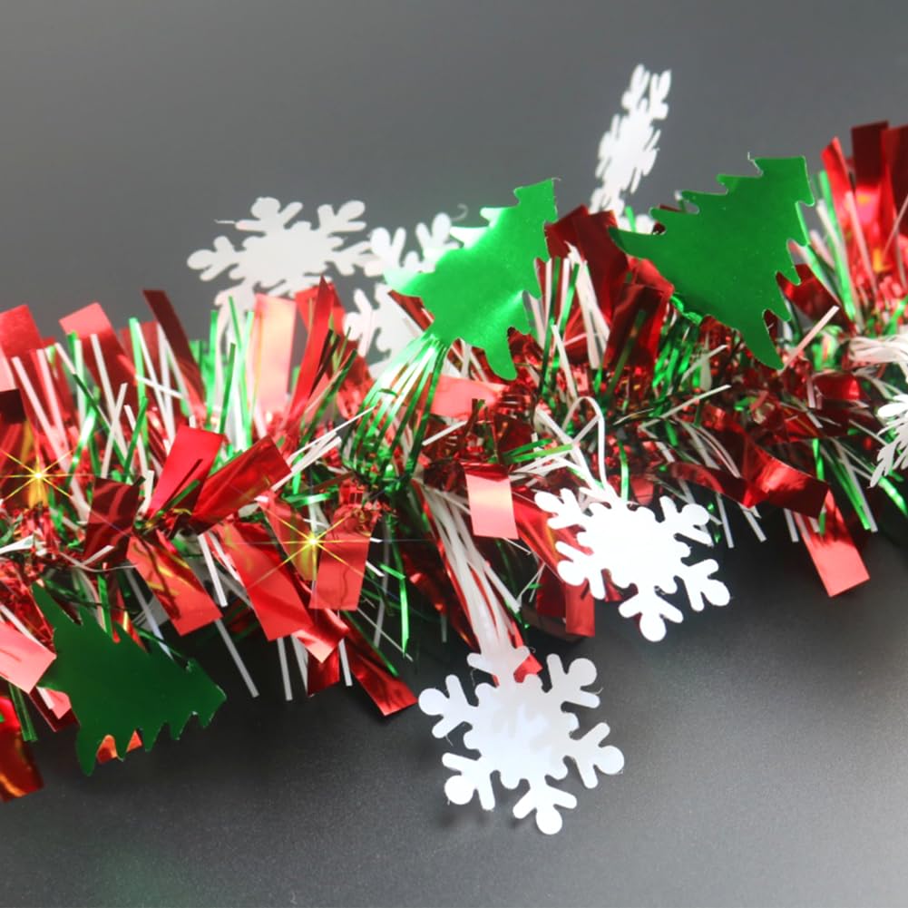 66 Ft Christmas Tinsel Garland Shiny Thick Red & Green with Tree and Snowflake Design Xmas Tree Metallic Twist Hanging Foil Garland for Christmas Birthday Holiday Indoor Outdoor Party Decor