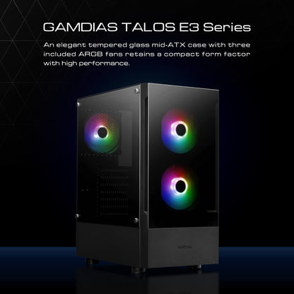 GAMDIAS TALOS E3 Gaming pc case, Mid-Tower ATX Case, Tempered Glass Panel, 3 Built-in 120mm ARGB Fans, Tool-Free Installation Tempered Glass Window, Supports Motherboards up to ATX, Power Cover Design
