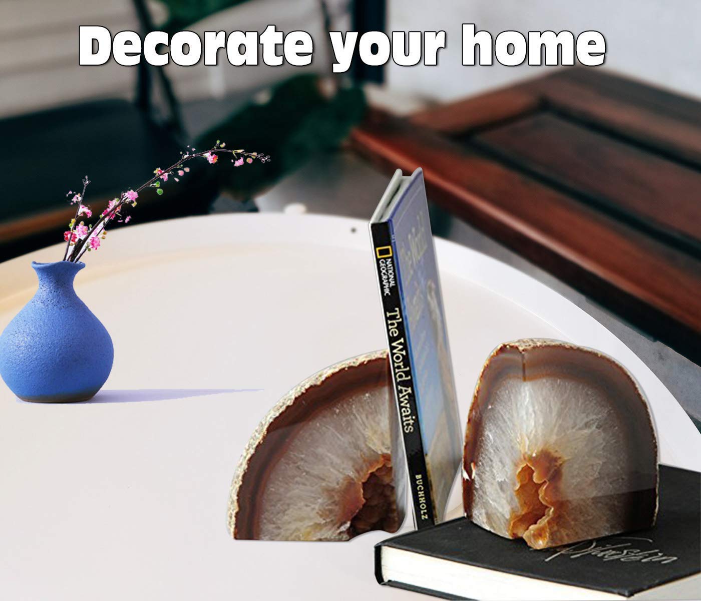 AMOYSTONE Natural Agate Bookends 2-3 lbs & Rose Quartz Book Ends 3-4 lbs for Home Office
