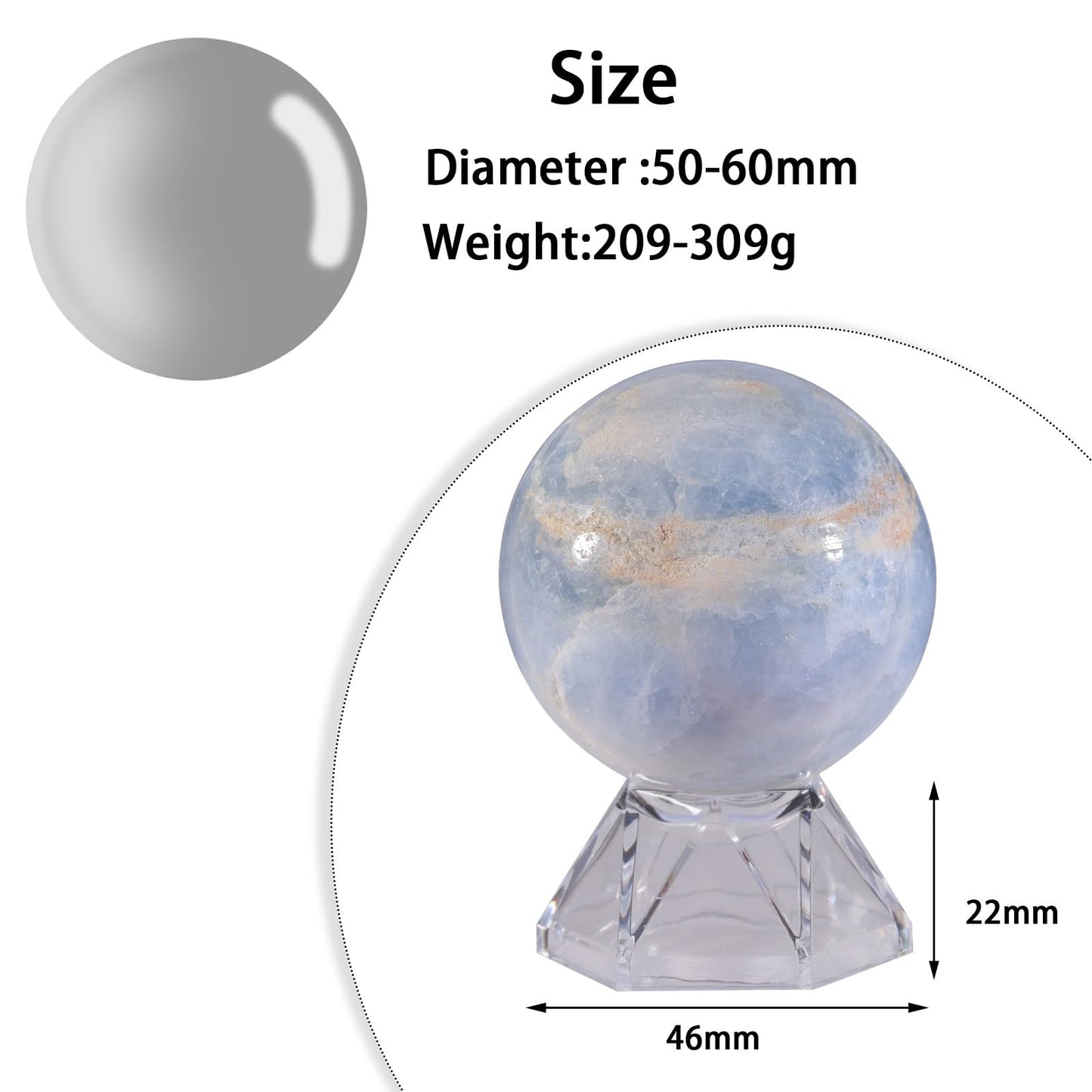 TUMBEELLUWA Blue Celestite Crystal Ball with Acrylic Stand, Decorative Sphere for Witchcraft Fortune Teller Home Decor, 50-60 mm