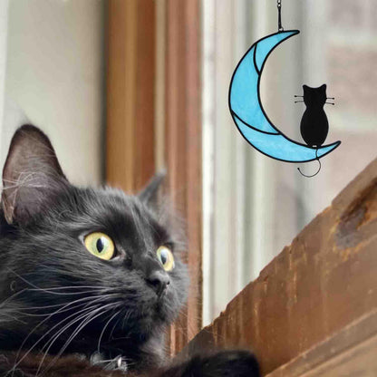 HAOSUM Black Cat Decor On Moon Suncatcher Decoration,Cat Memorial Gifts for Cats Lovers Stained Glass Window Hangingt,Cats Loss Sympathy Gift,Pet Memorial Gifts for Women