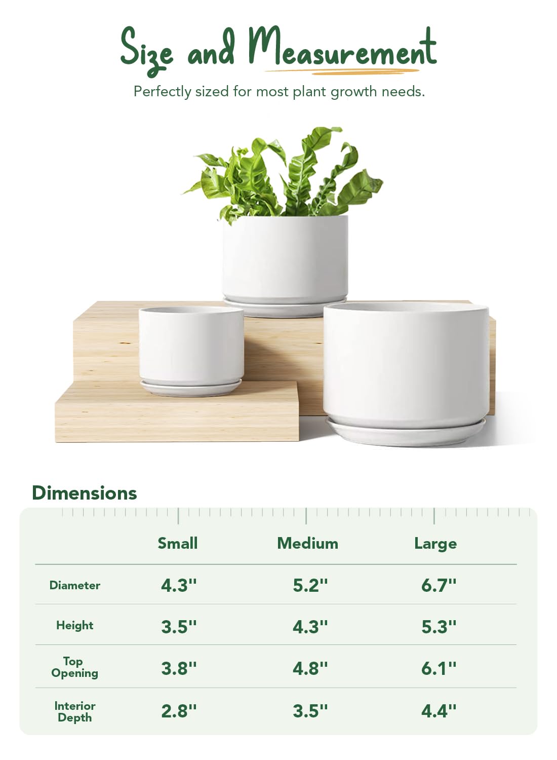 LE TAUCI Ceramic Plant Pots, 4.3+5.3+6.8 inch, Set of 3, Planters with Drainage Hole and Saucer, Indoor Flower Pot with Hole Mesh Pad, Gifts for Mom, White