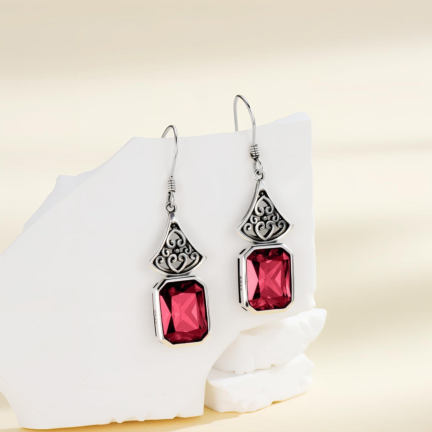 Vintage Earrings 925 Sterling Silver Oxidized Dangle Drop Earrings with Emerald Cut Red Ruby July Birthstone Anniversary Jewelry Gifts for Women
