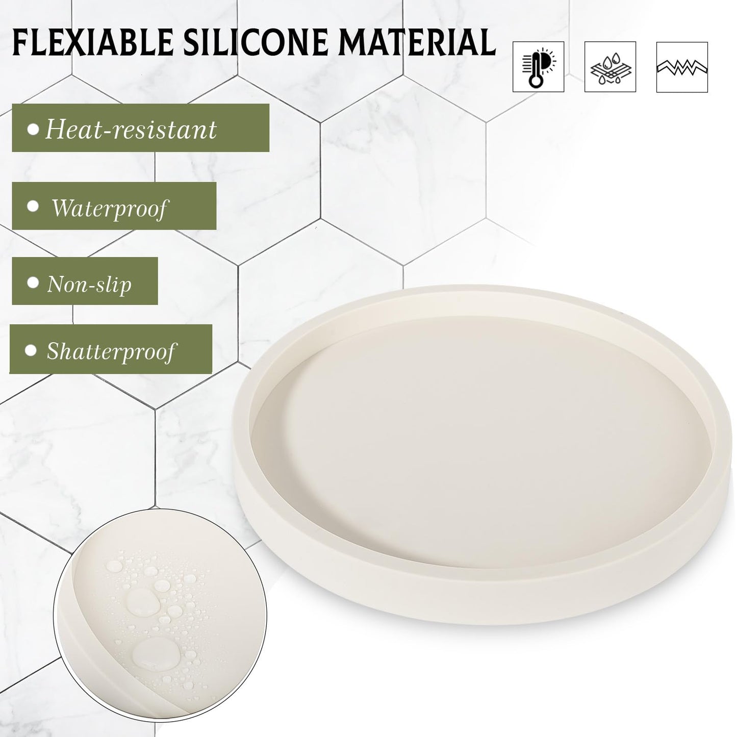Silicone Bathroom Tray Round Vanity Tray Decorative Soap Holder Kitchen Countertop Organizer Coffee Table Decor for Candle, Perfume, Plant, 10 Inch, Beige
