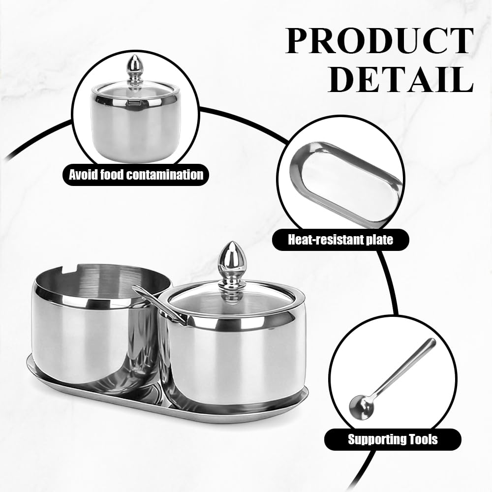 2-Pack 10 Oz Coffee & Sugar Dispenser Set with Tray - Sugar Bowl with Glass Lid & Spoon, Includes Label Stickers & White Marker | Coffee Bar Accessories for Beans, Salt, Brown Sugar Cubes (Silver)