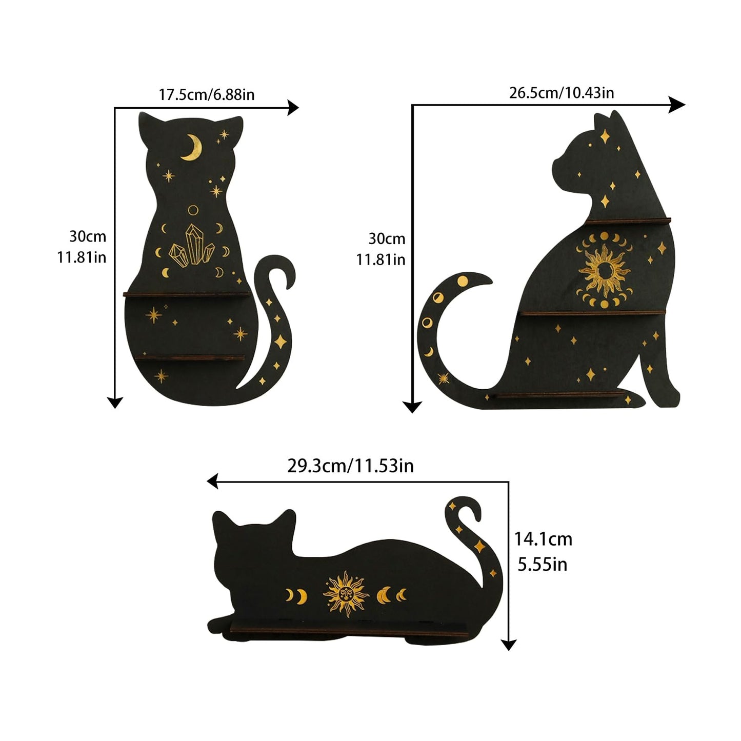 Artilady Crystal Shelf Display - 3 PCS Black Cute Cat Floating Shelves for Halloween Wall Bedroom Decor Display Shelf for Crystals and Stones Witchy Room Decorations Gift for Cat Lover
