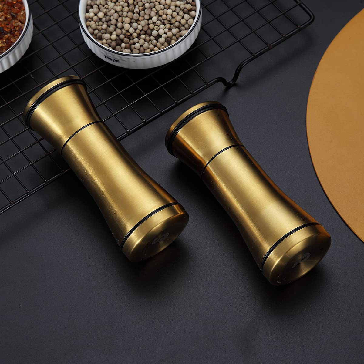 Kyraton Gold Salt and Pepper Shakers, Titanium Plating Stainless Steel Salt and Pepper Grinders Refillable Pepper Grinder, Pepper Mill, Salt Grinder, Salt Shaker, Salt Pepper Shaker Set of 2