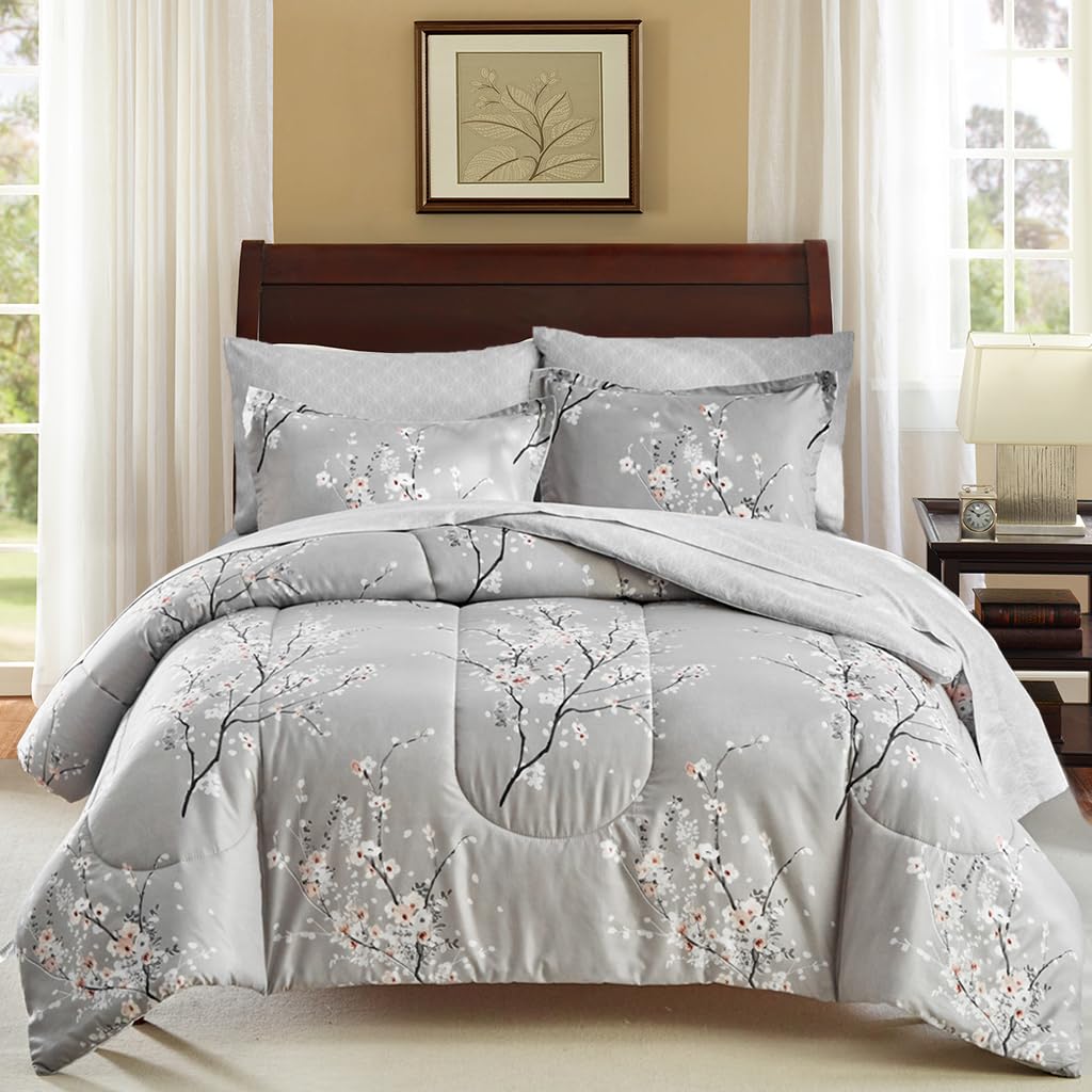 AIKASY Bed in a Bag 7 Pieces Queen Size - Floral Print - Soft Microfiber, Reversible Bed Comforter Set (1 Comforter, 2 Pillow Shams, 1 Flat Sheet, 1 Fitted Sheet, 2 Pillowcases)（Grey, Queen）
