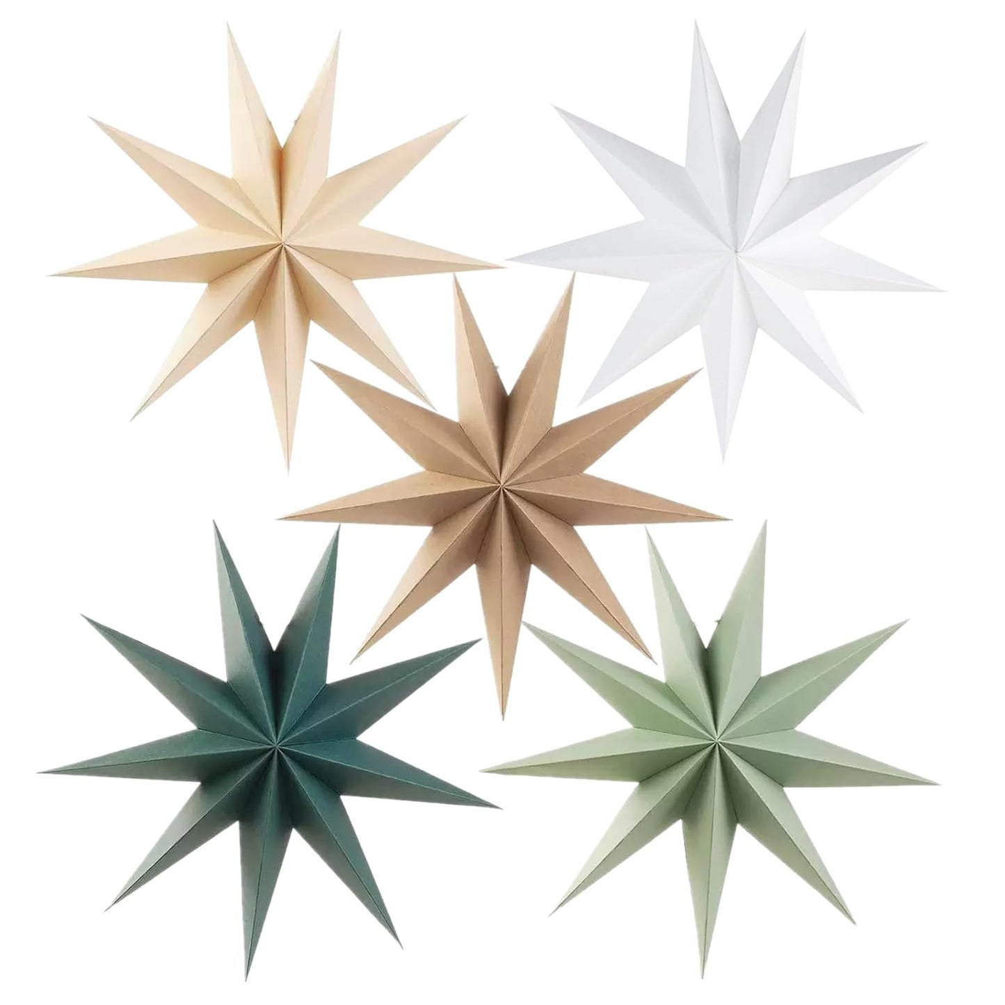 5Pcs Sage Green Paper Star 12 Inch 9-Pointed Hanging Star Lanterns for Christmas Wedding Birthday Home Winter Party Decortion
