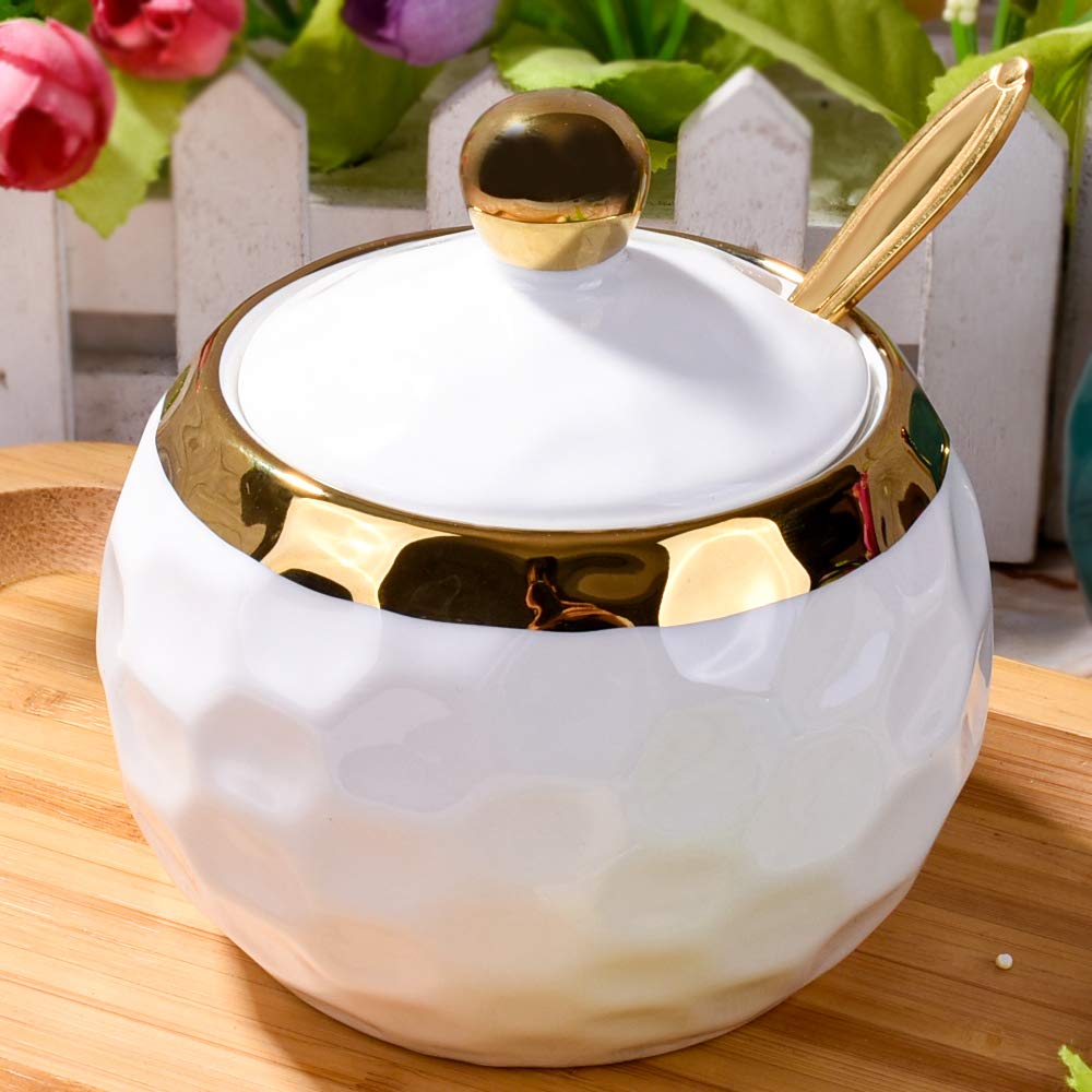 BOSILI 2-Piece Ceramic Sugar Bowl Set with Spoon and Lid, Hammered Condiment Jars for Countertop, Decorative Porcelain Salt and Spice Container Bundle For Sugar, Salt, Spices