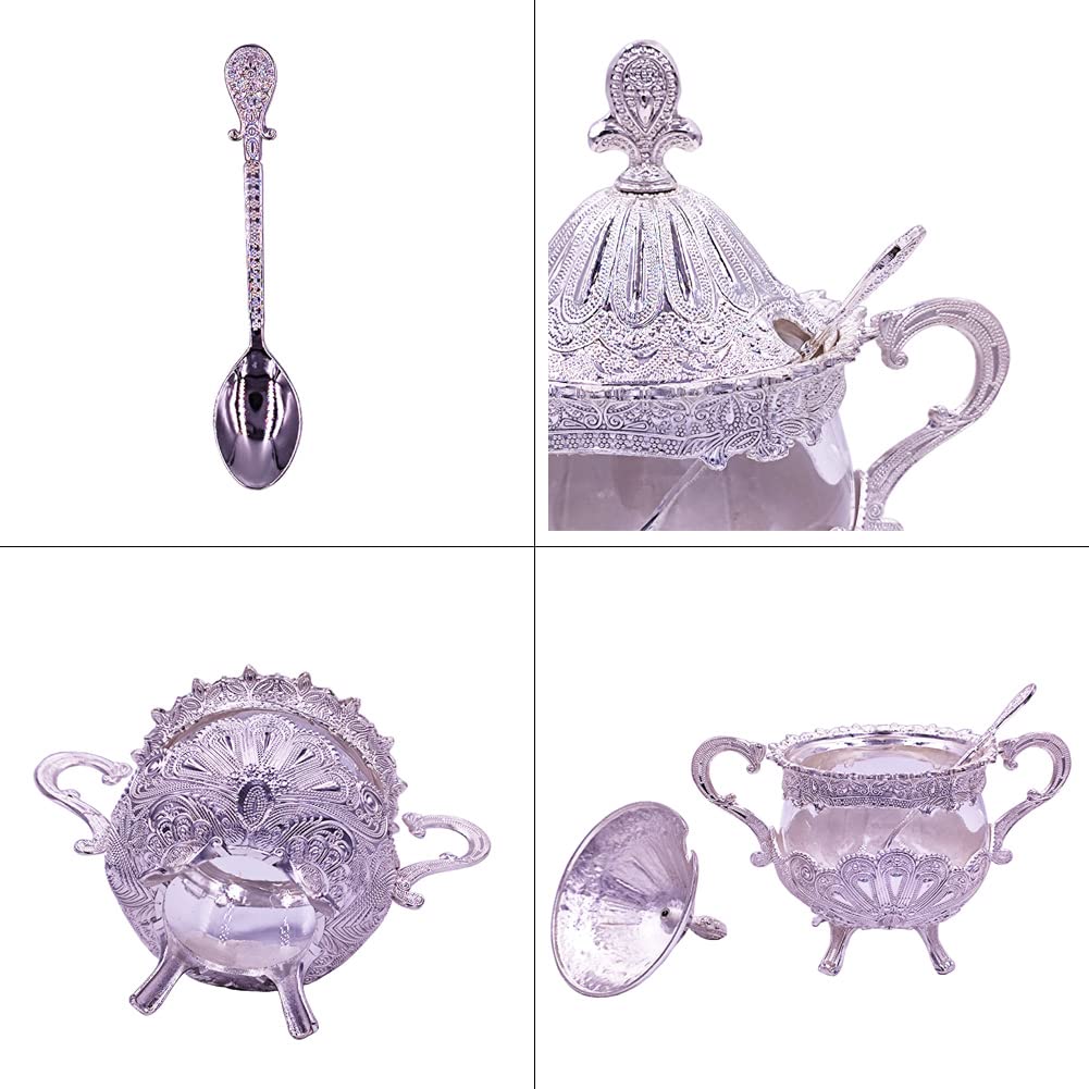 Hourwof Sugar Bowl with Lid and Spoon for Kitchen Coffee Bar and Wedding Party,Metal and Glass Sugar Container for Sugar Cube and Powder Sugar,Spice Condiment Container,Salt Server,Silver