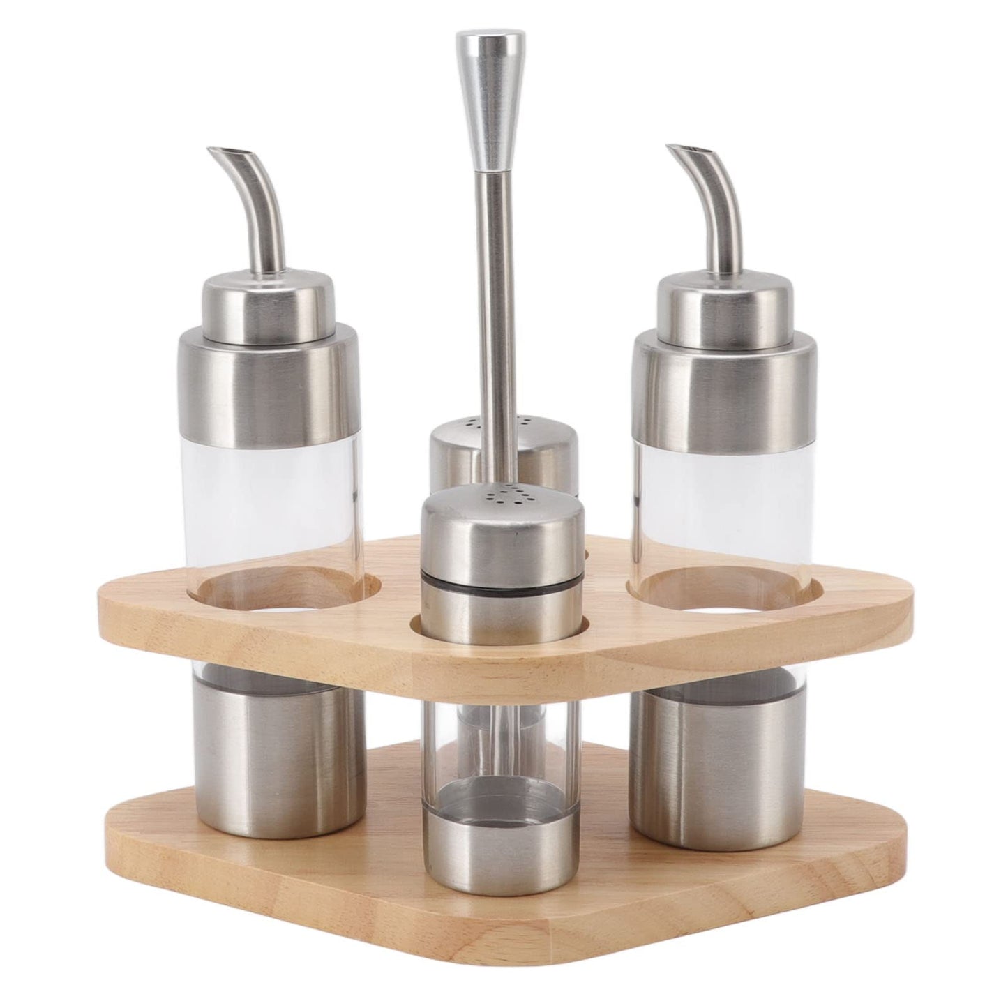 4-Pack Stainless Steel Kitchen Dispenser Set with Wooden Holder - Precision Olive Oil, Vinegar, Salt & Pepper Bottles for Home & Restaurants