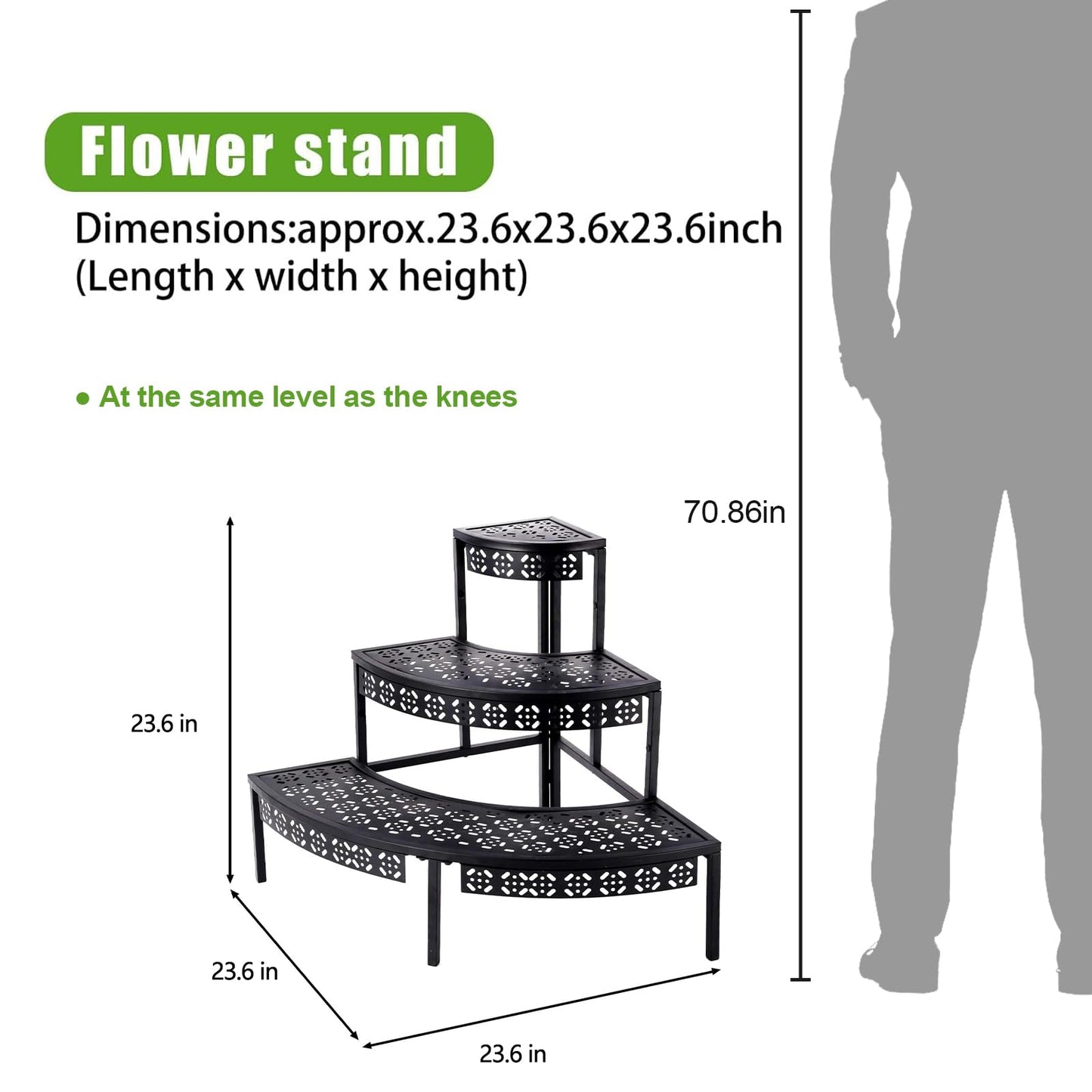aboxoo 3 Tier Plant Stand Flower Pot Rack, Metal Stair-Step Style Corner Shelf Planters, Quarter Round Display Holder for Indoor Outdoor Use(Black, Semicircle)