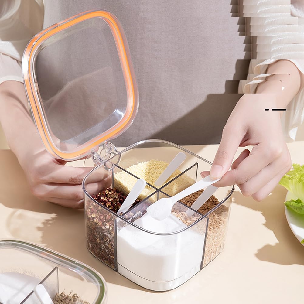 luzen 1PC Clear Plastic 4 Compartments Seasoning Box with Spoon and Lid Home Kitchen Condiment Jar Spice Container Spice Salt Canister Kitchen Gadgets for Kitchen Cooking Supplies, Orange