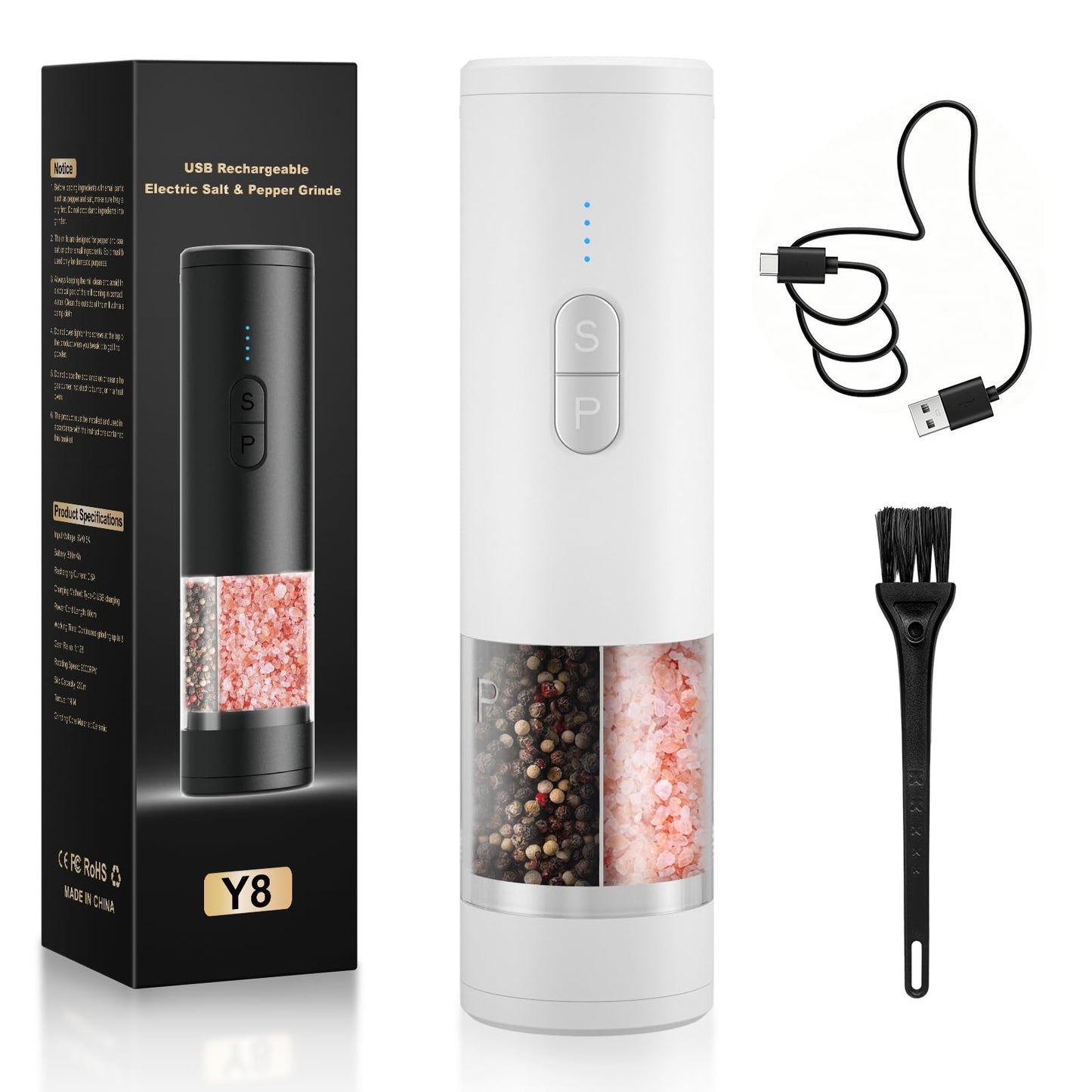 Electric Salt and Pepper Grinder Set Shakers 2 IN 1-Rechargeable Automatic Pepper Mill,with LED Lighting,Adjustable Grinder,Large Capacity-Ideal for Kitchen,BBQ,Ideal Kitchen Gifts (White)