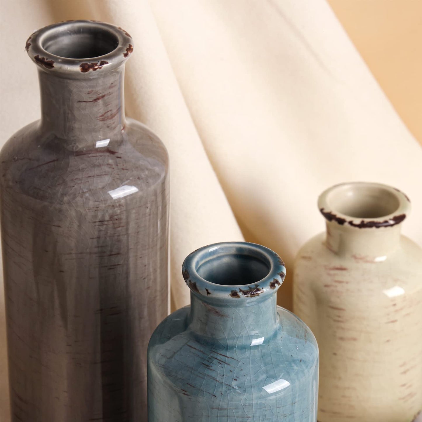 CUCUMI Ceramic Vases Set of 3, Rustic Coastal Vases Home Decor, Farmhouse Flower Vases Decor for Shelves, Ocean Beach Style, Mantle, Fireplace, Coffee Table, Shelf Decorations